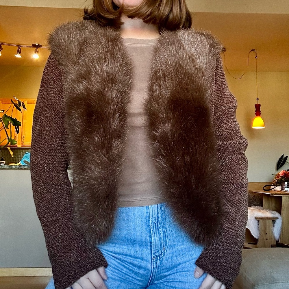 Chocolate Brown Chenille Festival Sweater Jacket with Faux Fur